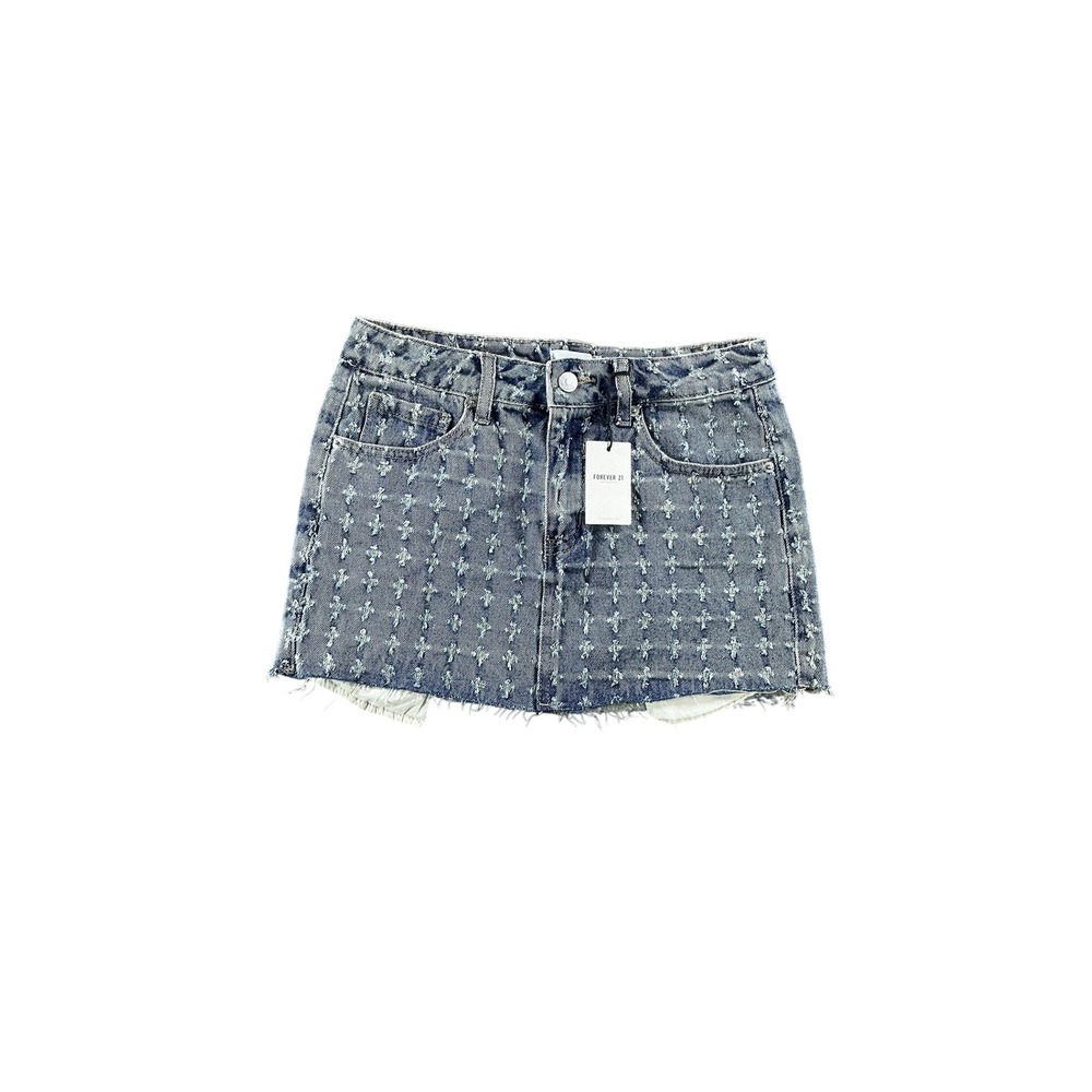 Forever 21 Distressed Cross Pattern Denim Mini Skirt Medium Wash Blue Size S
